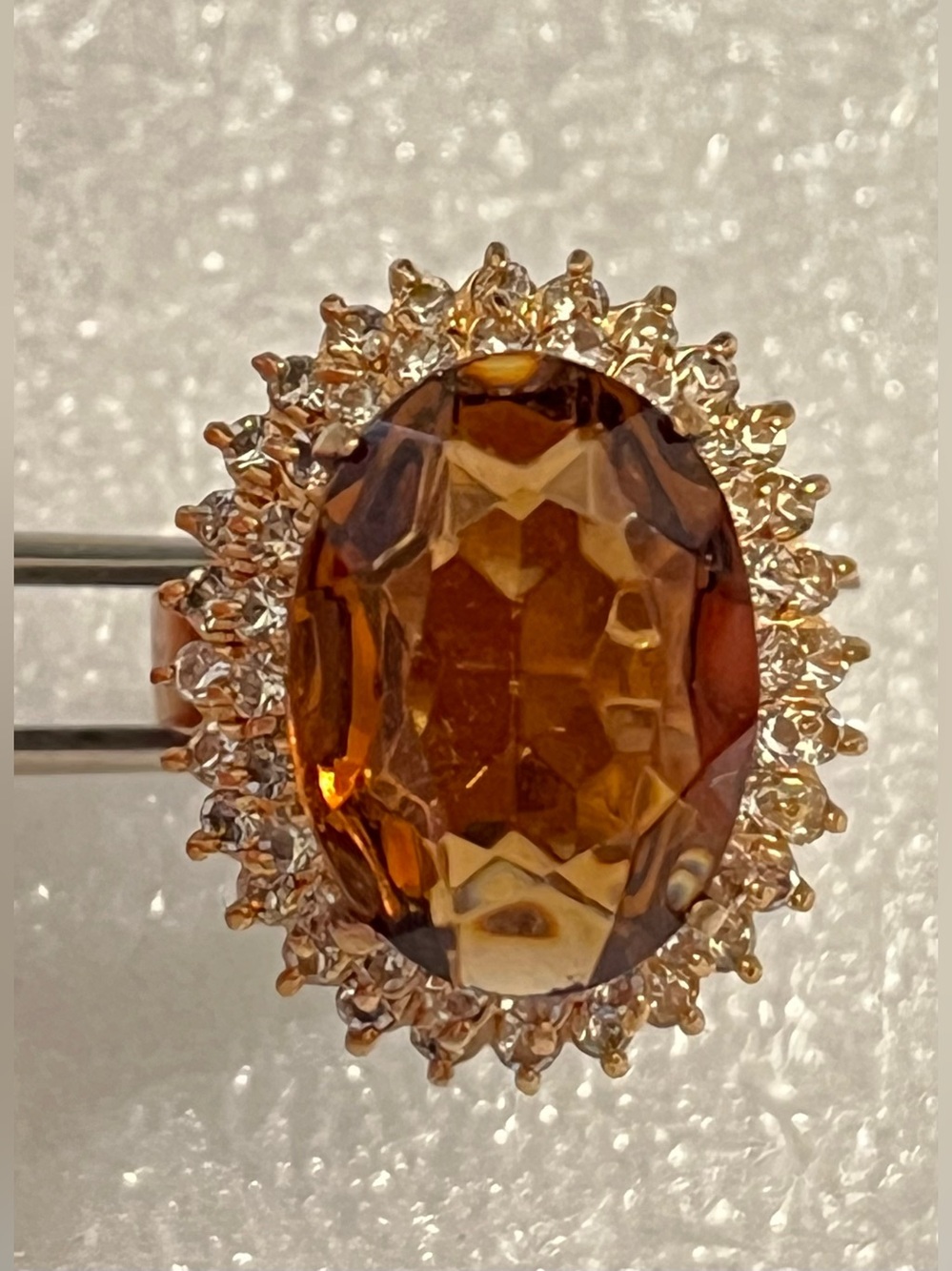 Gold Electroplated KT HGE Vintage Amber colored coctail ring w crystals size 9